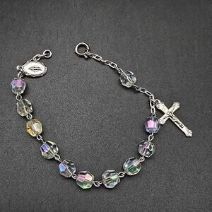 Vintage Aurora Borealis Glass Bracelet with Cross Religious Charms